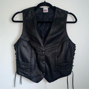 Vintage Black Leather Fringe Tassel Biker Vest with Braided Sides
